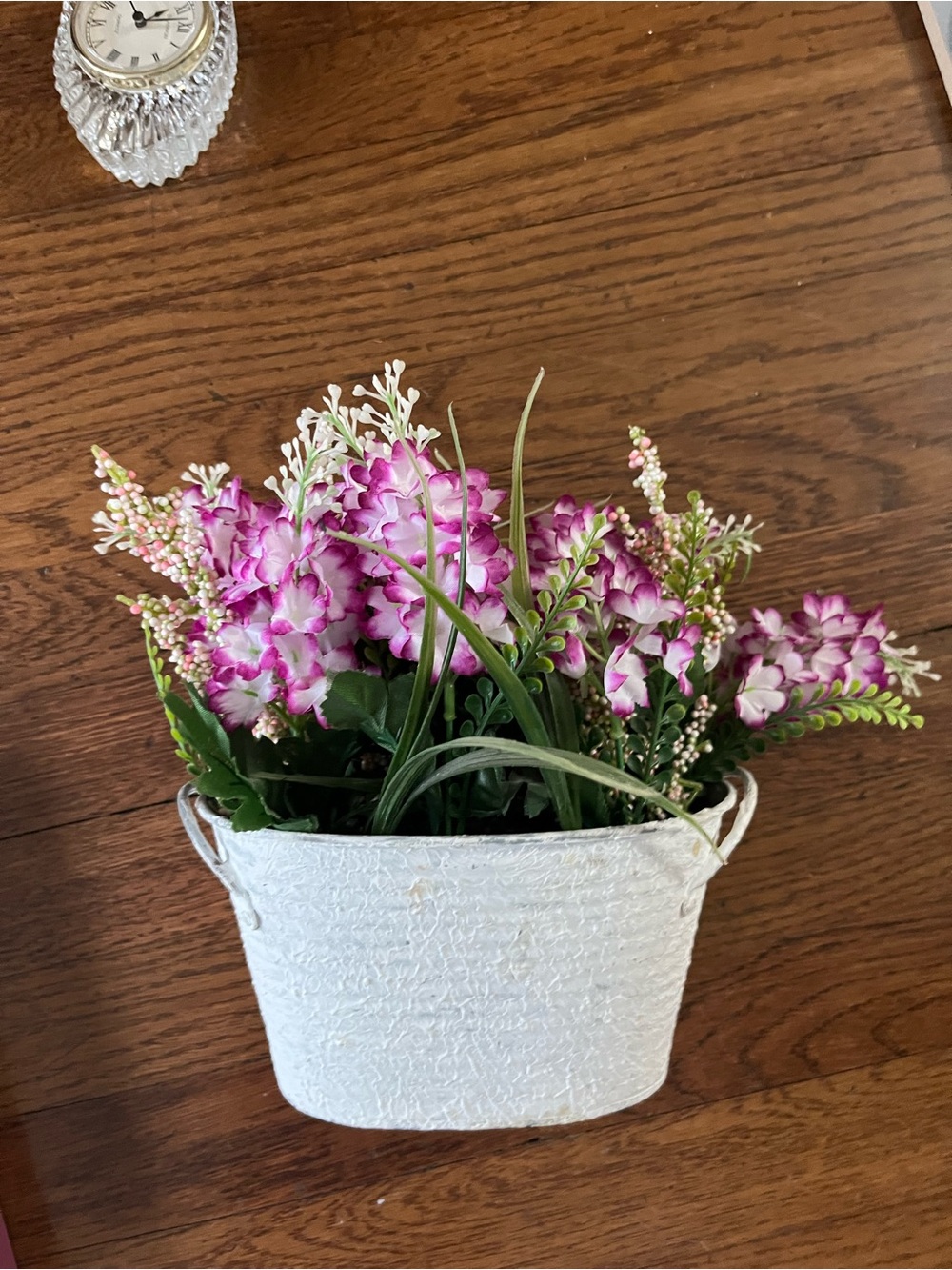 White Planter with Pink/Purple Artificial Floral Arrangement